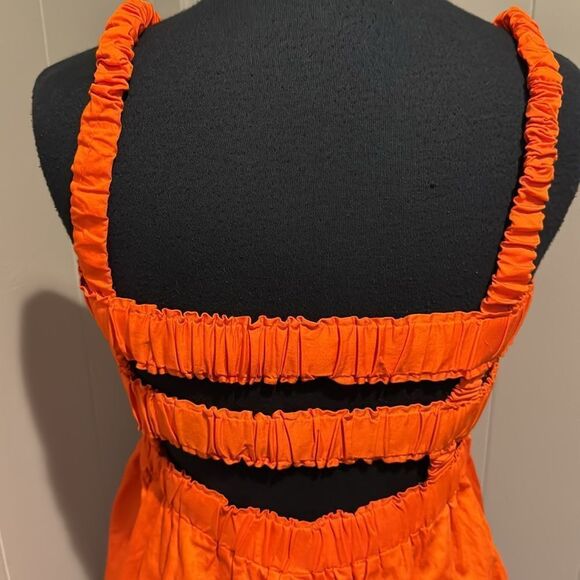 Topshop bright orange elastic strappy smocked ruffle bodice 100% cotton midi. - Picture 6 of 7